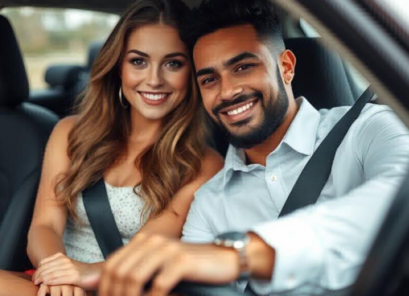 Dos adultos sonríen dentro de un automóvil
