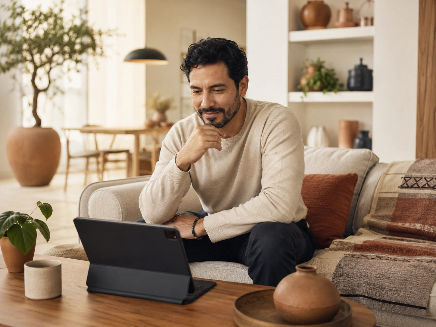 Hombre adulto viendo contenido en una tableta desde su sala
