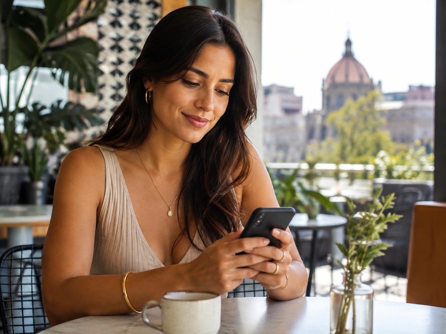 Mujer adulta consultando su teléfono con una vista urbana de Ciudad de México