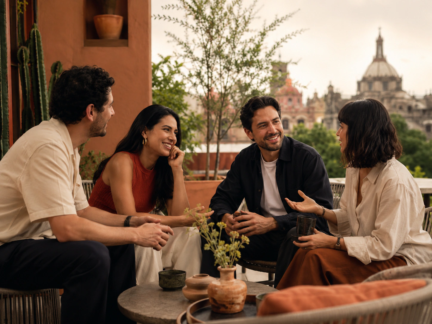 Grupo de personas adultas conversando en una terraza de Ciudad de México
