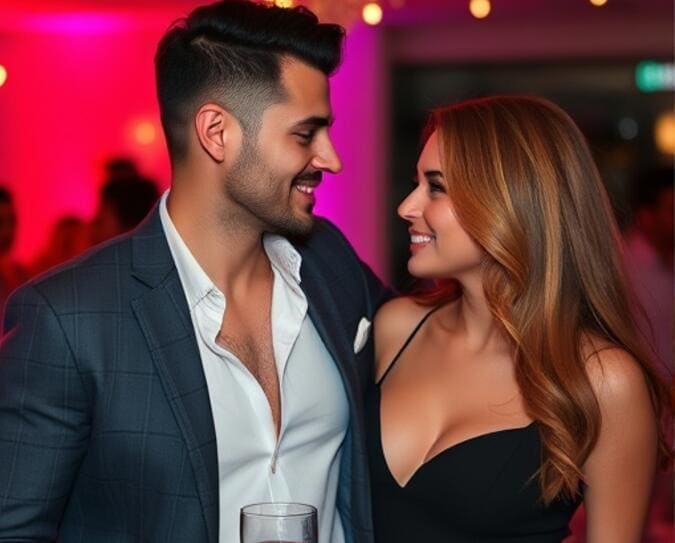 Dos adultos conversan en un evento nocturno