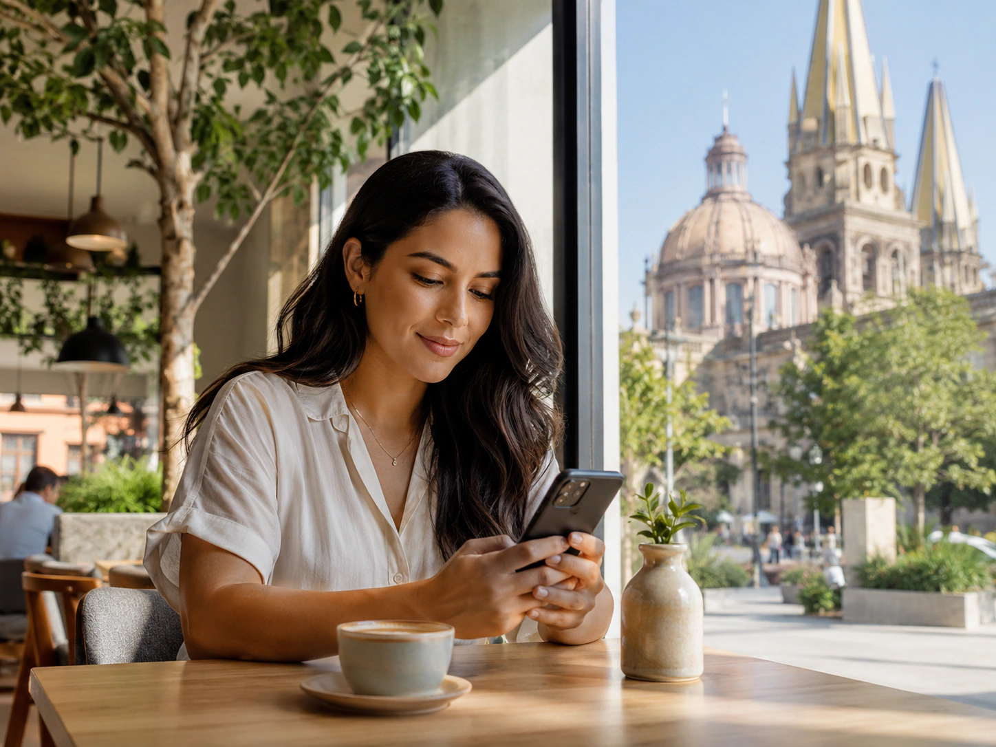 Mujer adulta usando su teléfono frente a una vista urbana de Guadalajara