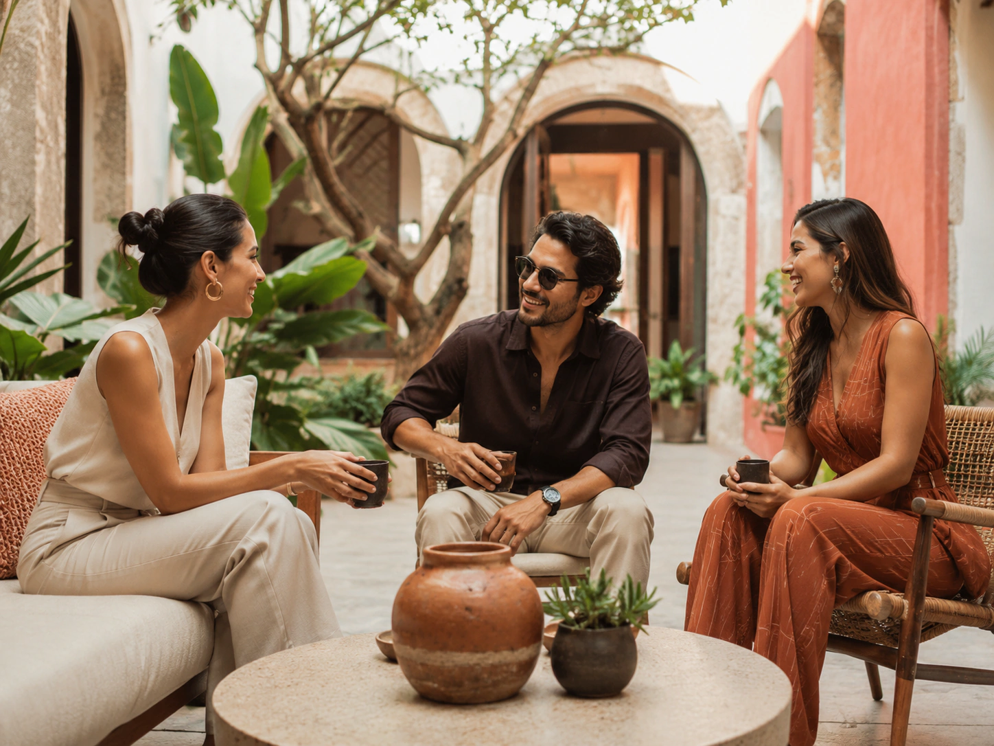 Tres adultos conversando en un patio de estilo tapatío