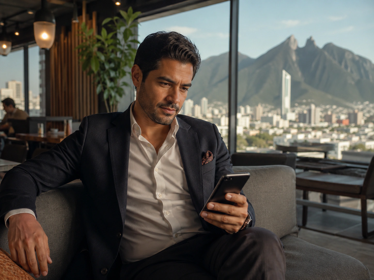 Hombre adulto usando un teléfono con la zona urbana y las montañas de Monterrey al fondo