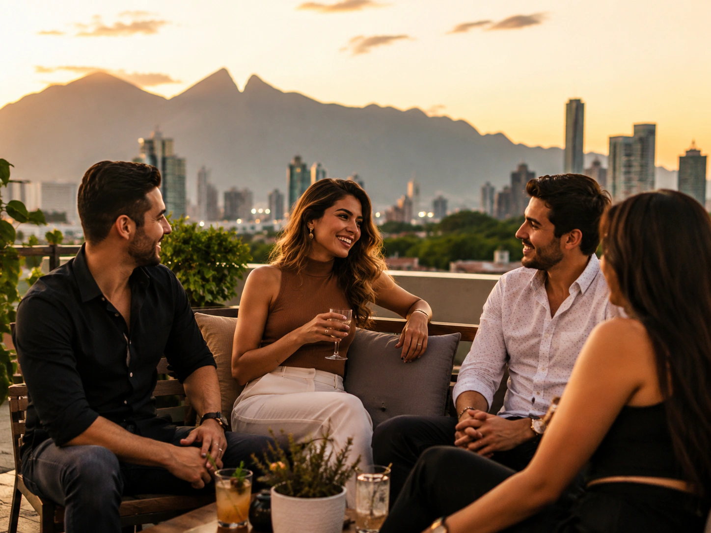Grupo de personas adultas conversando con Monterrey y sus montañas al fondo